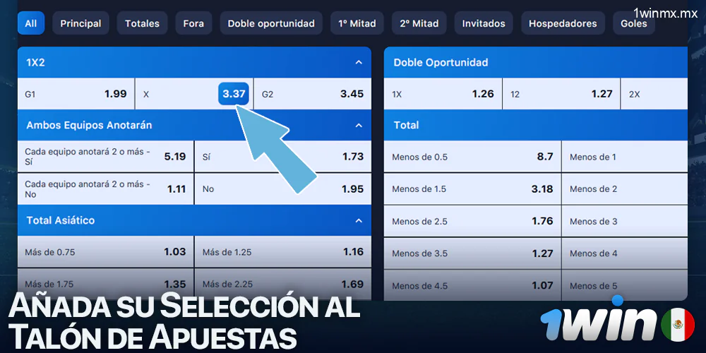 Selección de cuotas de apuestas de fútbol en 1win